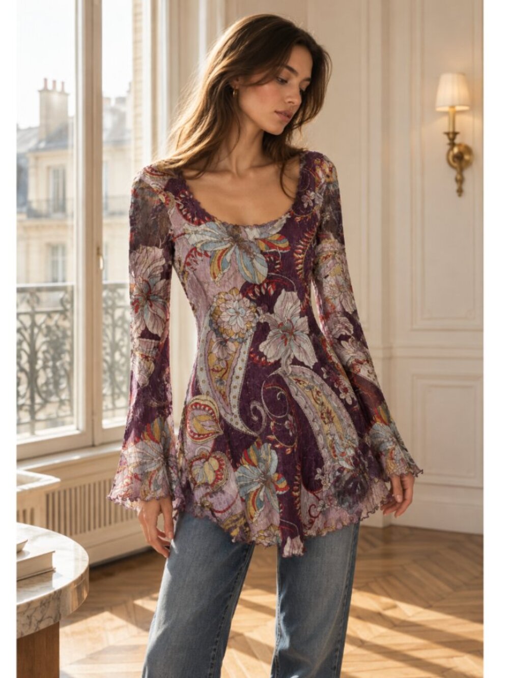 KOMAROV Purple Paisley Floral Crinkle Boho Tunic Top Size XL Cute